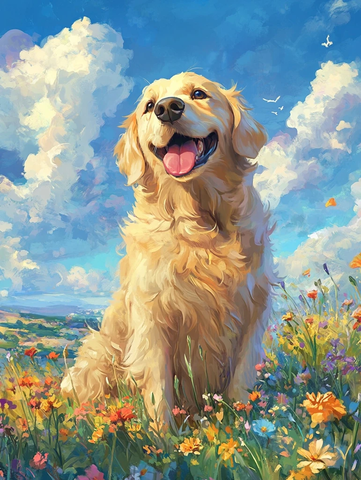 金色花田中的笑颜老犬