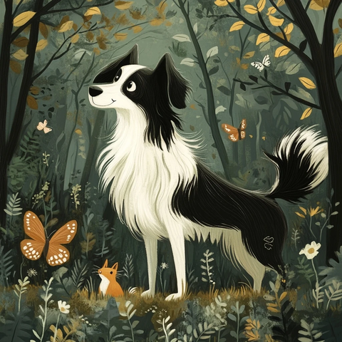 边牧森林探险脚印蝴蝶