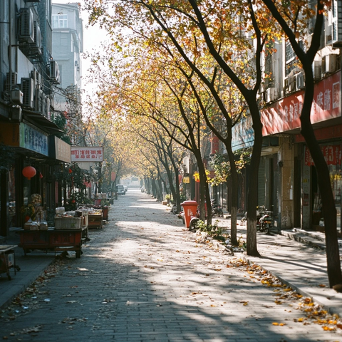 满是落叶的街道旁有各种商铺