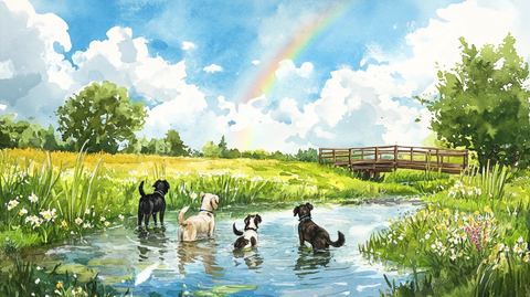 水彩狗狗戏水野花桥