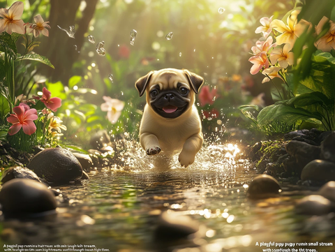 小狗跑过小溪岩石花丛