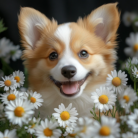 微笑小狗与白色小雏菊