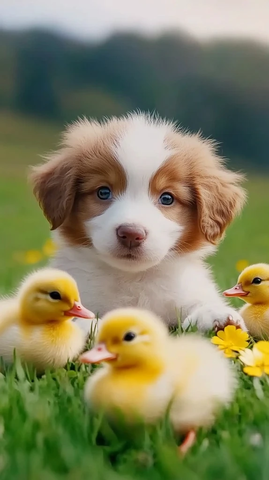 小狗与小鸭玩耍