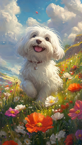 花田中的哈瓦那犬玩耍