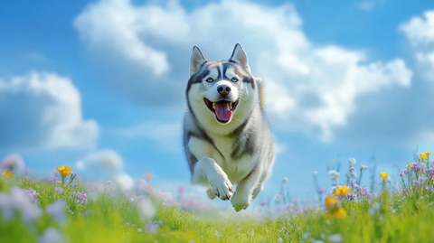 草地上的哈士奇与花卉