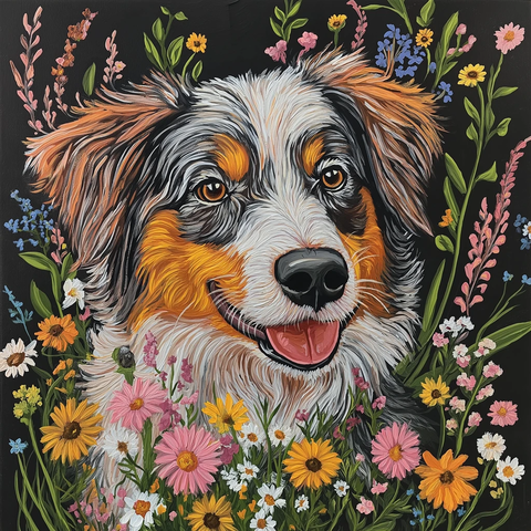 红斑澳洲牧羊犬脸庞与野花