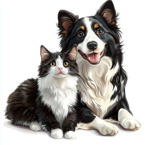 微笑的边牧和猫坐在一起