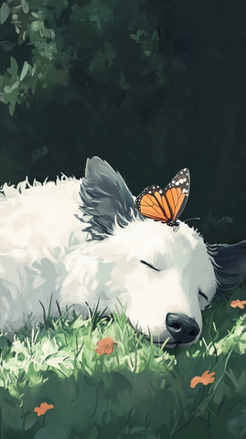 羊犬鼻上蝴蝶静卧草地