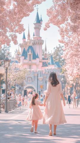 母女牵手漫步在迪士尼城堡前的樱花路