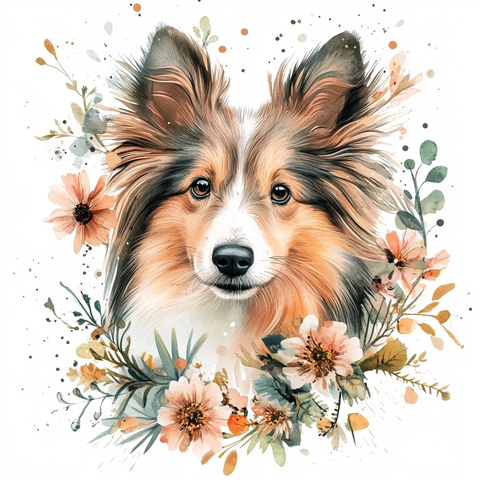 喜乐蒂犬肖像与波西米亚花卉