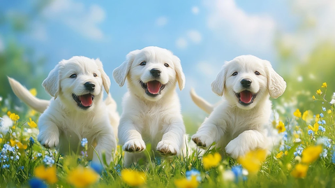 白金毛犬幼崽草地玩耍