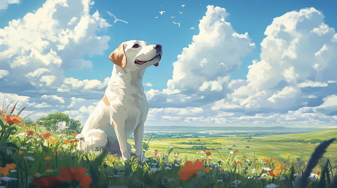 白毛拉布拉多犬草地坐姿