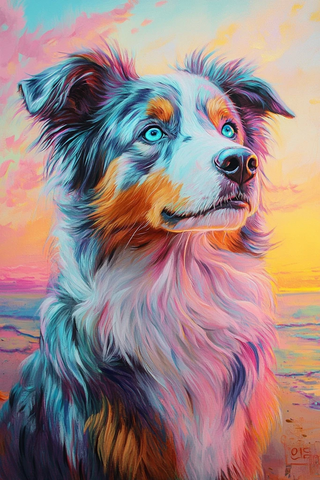蓝色牧羊犬海滩夕阳