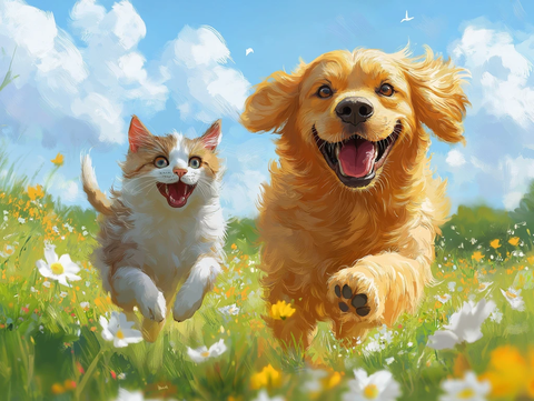 金毛犬与猫奔跑草地