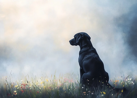 雾中黑拉布拉多与野花