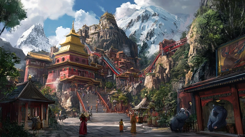 雪山下藏式风格建筑的热闹景象