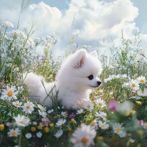 白犬幼崽花丛中玩耍