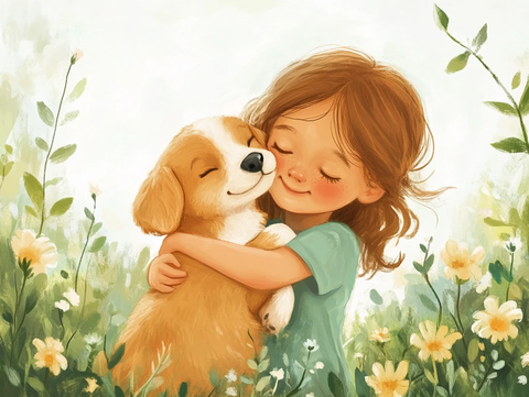 孩子抱小狗花园里