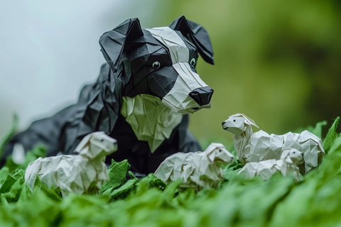 折纸牧羊犬与羊群草地