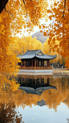 水上中式亭子与黄叶树林相映成趣的景象