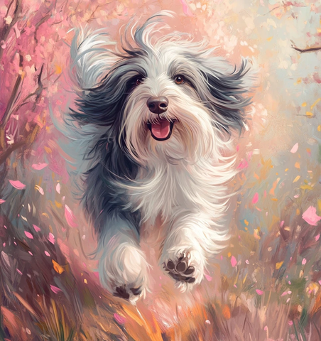 长毛犬迎风奔跑粉色树林中