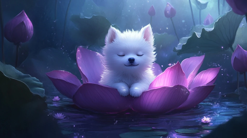 白莲中静坐小犬