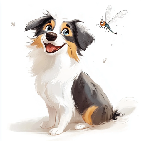 白色牧羊犬观察蜻蜓