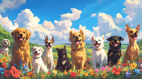 吉卜力风格狗群欢聚自然场景