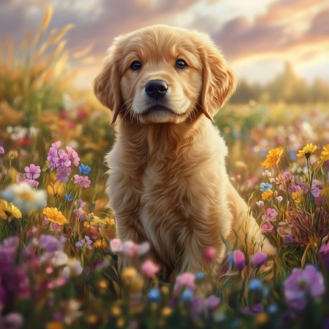 金毛幼犬坐花丛中