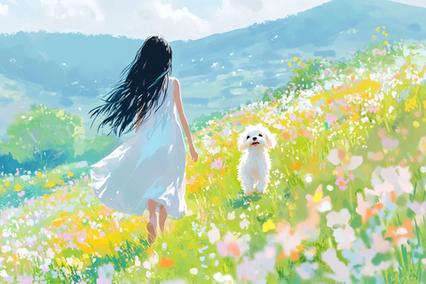 少女与花田中的小马尔济斯