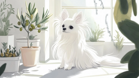 小白狗坐白房间伴小橄榄树