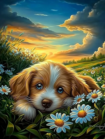 小狗草地打滚花丛中