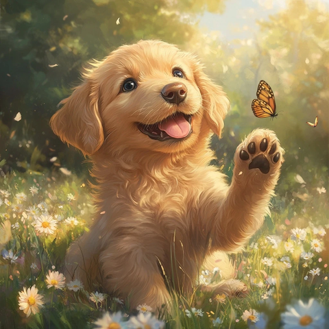 金毛幼犬戏蝶草地