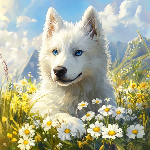 白狐在花田中望向山脉