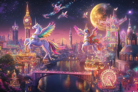 梦幻城市夜景中有独角兽飞翔的景象