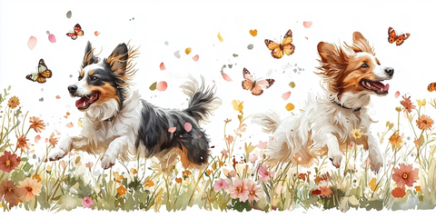 澳大利亚牧羊犬奔跑花海