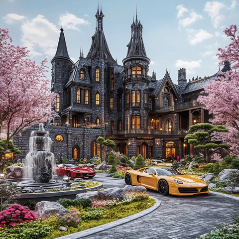 豪华城堡外的两辆跑车及喷泉景观