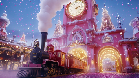 圣诞主题粉色城堡前的蒸汽火车