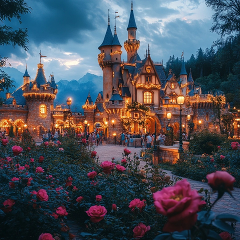 夜晚灯光下的童话城堡景象