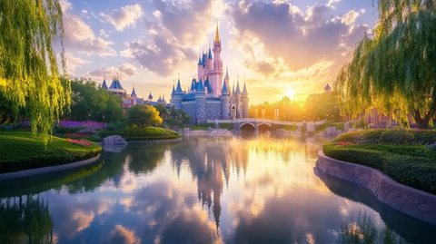 迪士尼城堡倒映在湖面的唯美风景