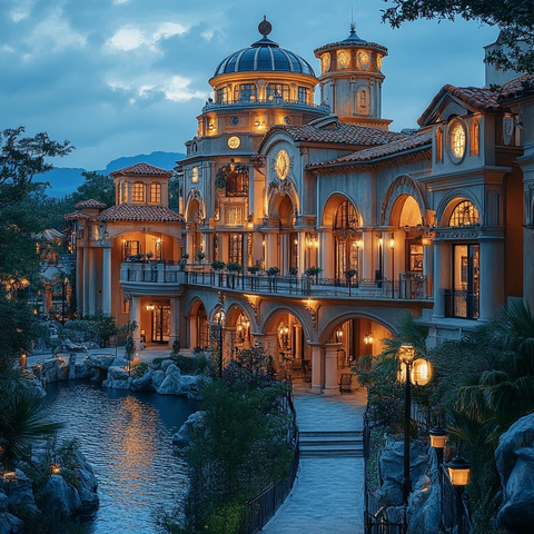 灯火辉煌的欧式风格豪华建筑夜景