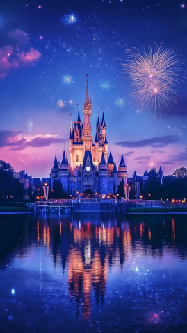 迪士尼城堡夜景及绚丽烟花全景