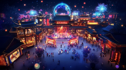 古街夜景中的热闹人群与绚丽烟火