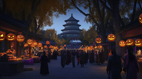 天坛前热闹的万圣节集市夜景