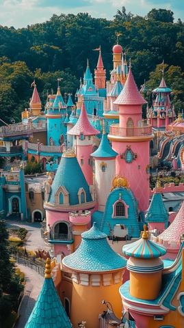 色彩缤纷的童话城堡建筑群全景