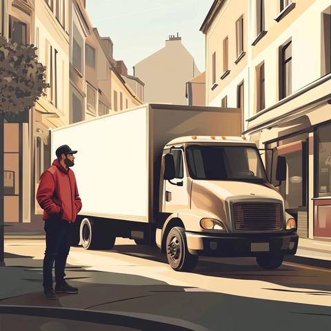 送货员站立货车旁观察四周