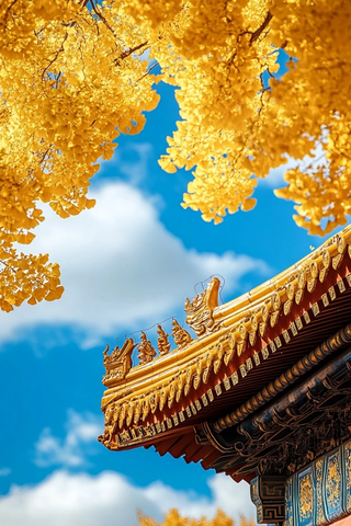 古建筑屋檐搭配金黄银杏叶的唯美画面