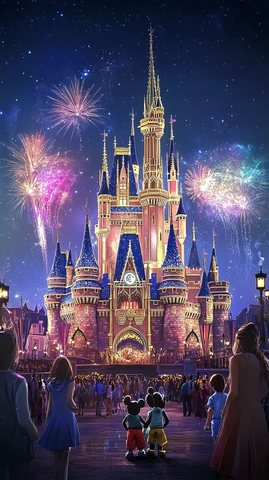 迪士尼城堡夜景烟花秀全景