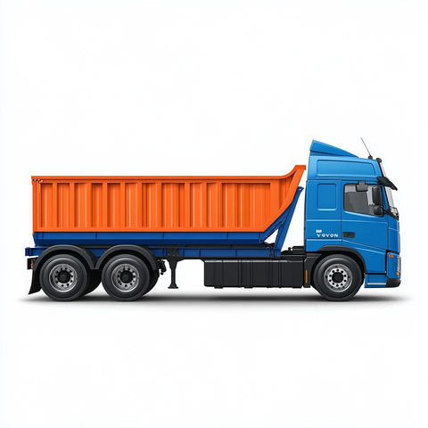 蓝色沃尔沃卡车与橙色卷帘箱