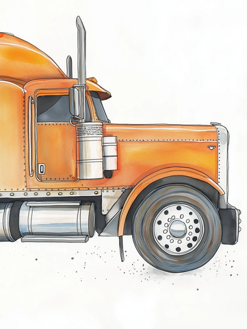 橙色彼得比尔特卡车水彩画